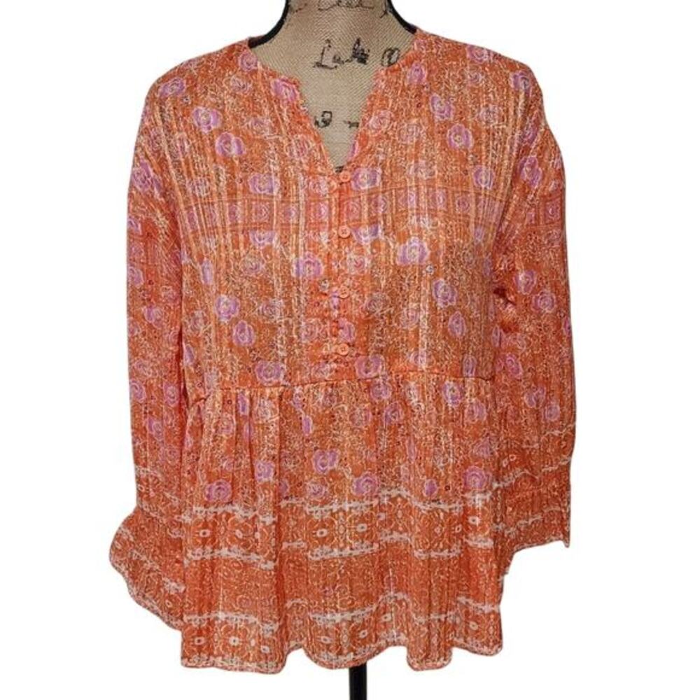 RD+Koko Orange Floral Paisley Metallic Stripe Babydoll Blouse NWT‎ Size Small